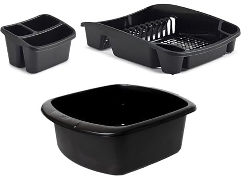 VR7 - Set of 3, Rectangular Washing Up Bowl, Dish Drainer Rack, Organized Sink Area with Black Kitchen Accessories, Tidy Cutlery Drainer for Sink Holder Caddy - Plastic, Stylish and Functional