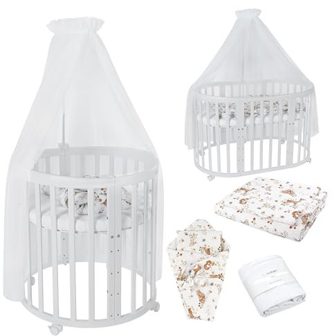 Waldin Oval Baby-Bett Mitwachsend Komplett Set 7in1, Gitterbett, Kinderbett mit Matratze, Wickelkommode, Beistellbett, Holz Weiß, Stoffe Weiß Tiere