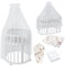 Waldin Oval Baby-Bett Mitwachsend Komplett Set 7in1, Gitterbett, Kinderbett mit Matratze, Wickelkommode, Beistellbett, Holz Weiß, Stoffe Weiß Tiere