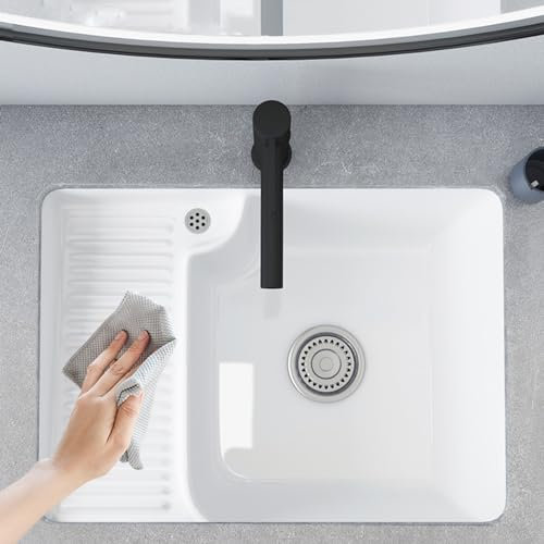 Lavabo de salle de bain blanc, lavabos de buanderie et de buanderie avec plan de toilette, lavabo moderne en porcelaine blanche pour salle d'eau, avec égouttoir et tuyau d'évacuation, adapté