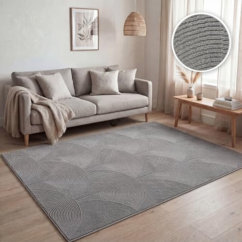 Paco Home Teppich Wohnzimmer Kurzflor, Moderne geometrische abstrakte Muster, 3D-Effekt, Regenbogen und Karo Design, glänzend luxuriös Ton in Ton, Farbe:Anthrazit - Bogen, Grösse:230x320 cm