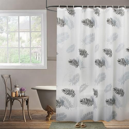Lkw Ogechi PEVA Rideau de Douche Anti-Moisissure, 240 x 180 cm Rideau de Douche Imperméable en Plastique, Blanc Rideau de Douche Semi Transparent Lavable avec Feuilles Noir