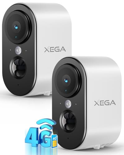 Xega 4G LTE Caméra de sécurité Intérieur avec Carte SIM【2 Pièces】 2K Super HD Caméra IP Portable, Batterie 6000mAh, Détection de Mouvement PIR, Vision Nocturne Couleur, Audio 2 Voies, TF/Cloud, IP65