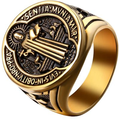 JewelryWe Heiliger Benedikt Ring Herren: Gold Edelstahl Herren-Ring St. Benedikt Siegelringe Katholische Christliche Fingerringe Band Ring Kreuz Exorzismus Böse Schutz Amulett Schmuck Größe 70