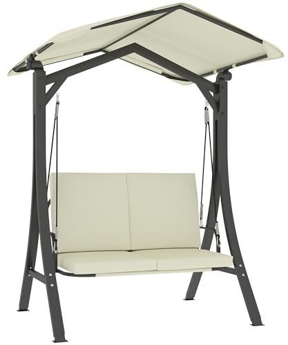 Outsunny Hollywoodschaukel mit verstellbarem Sonnendach Sitzauflage, 2-Sitzer Gartenschaukel belastbar bis 220kg, UV 30+ Schaukelbank für Garten, Terrasse, 150x120x182cm, Cremeweiß