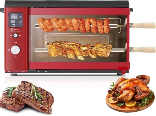 Rotating Propane Rotisserie Grill, 2 Layer Auto Rotating Kebab Skewer Machine with Electric Griddle, Smokeless Electric Grill Doner Kebab Fish Skewer Machine for Brazilian BBQ, 2 Fork