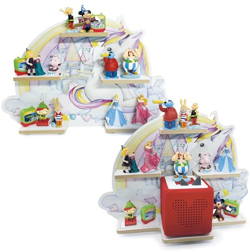 Smagnon Kinder Toniebox Regal, Einhorn-Schloss Design, Wandregal aus Holz für Tonies Figuren, Märchenschloss Motiv mit Regenbogen (Spar-Set: Haupt + Nebenregal Kombination)