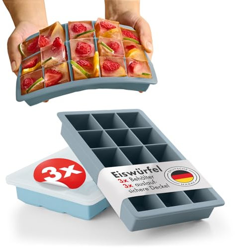 Blumtal Eiswürfelformen Silikon 3er Set - 15er Eiswürfelform mit Deckel - BPA-freie Silikon Eiswürfelform - Ice Cube Tray lebensmittelecht - Ice Tray - Graublau + Graublau + Hellblau