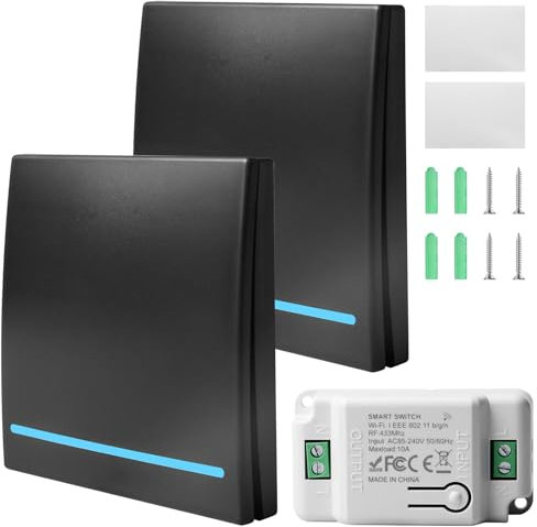 Aicharynic Lichtschalter Set, Funk Lichtschalter Set 230v funkschalter mit fernbedienung funkschalter licht für Lampen bis 2000W, Bis 50m Reichweite, 2x batterielose Funkschalter 230V + Empfänger
