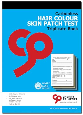 Cherry Selbstkohlenstofffreie Haarfarbe, Haut-Patch-Test, Dreifachbuch, A5, 50 Salon-Patch-Tests, Einwilligungsformulare, Farbservice-Allergie-Testaufzeichnungen, perforierte Kopien, hergestellt in