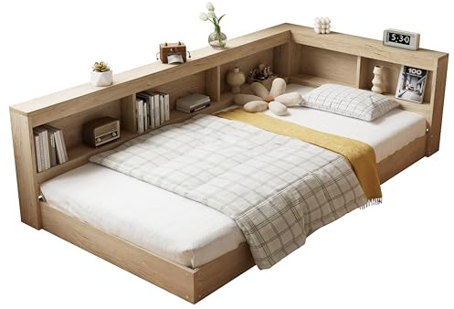 WEALTHKING Wood Platform Bed Frame with Bookshelf Storage Headboard and Side Shelving, Wooden Slatted Base for Mattress Support, L-Shaped Corner Structure, MDF Plywood Construction (White Oak,Single)