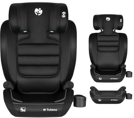 Tulano Joy 25 Auto Kindersitz 15–36 kg mit Isofix - Autositz 100–150 cm | Gruppe 2/3 - Sitzerhöhung Kinder - höhenverstellbare Kopfstütze - Bezug waschbar - mit Gurt - Schwarz