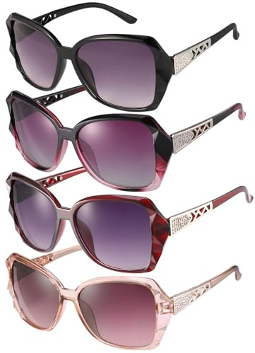 patinadrift 4 Stück Groß Damen Sonnenbrillen | Damen Polarisiert Mode Groß Klassische Sonnenbrille, UV400 Schutz Vintage Brille Rechteckige Übergröße Sonnenbrille