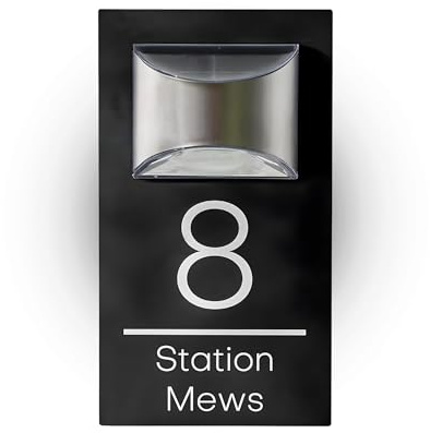 House Signs Direct Solar Light House Number Plaque, Black | 25x14cm, acrylic address marker with integrated solar-powered LED and wall fixings, ideal for outdoor and driveway use.