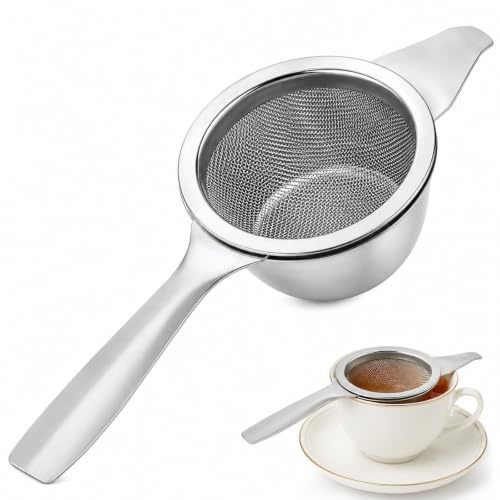 2 Pack Stainless Steel Fine Mesh Tea Strainers with Drip Bowl for Loose Tea | resistant polished build,non-slip handle,delivers smooth consistent filtration,suits coffee,herbs&daily kitchen sifting use