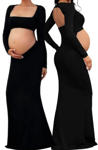 AOWVUTS Robe de Maternité à Manches Longues Robes de Grossesse Shooting Photo Longue Robes Dos Nu Col Carré avec Découpe Sexy Robe Maxi Enceintes Elegance Femmes pour Photographie