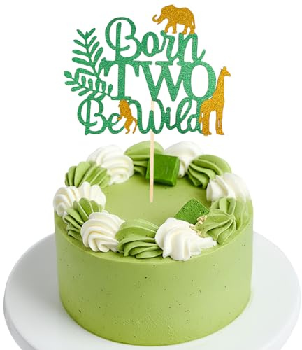 Born Two Be Wild Safari Cake Topper, Green & Gold Glitter 2nd Birthday Cake Decoration with Jungle Animals, Perfect for Boys Girls Safari Theme Birthday Party Supplies