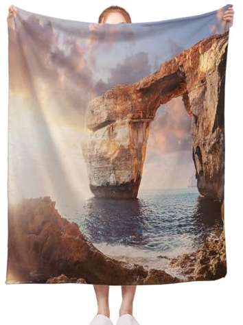 Weiche, warme und leichte Kuscheldecken mit Sonnenuntergangsmotiv, Naturlandschaft, azurblaues Fenster, Sonnenuntergang in Malta, Bett, Wohnzimmer, Sofa, Couch, Geburtstagsdekoration, 127 x 152 cm