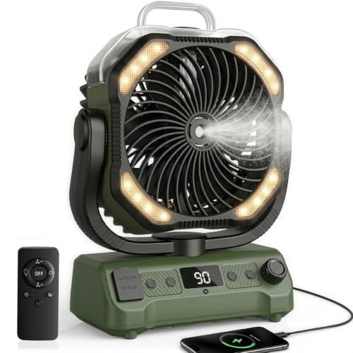 lollyes 20000mAh Camping Ventilator Akku mit Licht, 0-100 Stufen Regelbar Outdoor Ventilator mit Sprühfunktion & Fernbedienung, Leise Tischventilator mit Timer 360° Haken für Zelt Angel