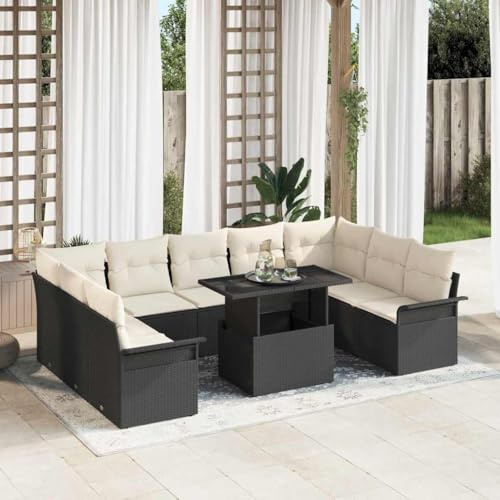 Ordellia Garten-Sofa-Set mit Kissen, 10-teilig, Schwarz Poly Rattan, Modular, Höhenverstellbarer Tisch, für 10 Personen, Outdoor Terrasse