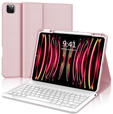 FOGARI Étui Clavier pour iPad Pro 12.9 2022/2021/2020/2018(6/5/4/3 Gén) | AZERTY Français Étui Clavier Magnétique Bluetooth sans Fil pour iPad Pro 12.9 6è/5è/4è/3è Gén, Rose