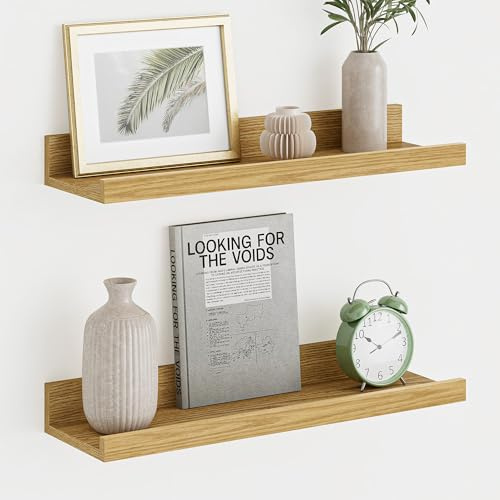 Wandregal 40 cm, 2er set Bilderleiste, 11,3 cm tief, 12kg belastbar, Eiche | Wandregal Holz mit Leiste, Robustem MDF, Regalbrett für Bilderrahmen, Bücher, Deko, Schweberegal für Wohnzimmer, Küche, Flur