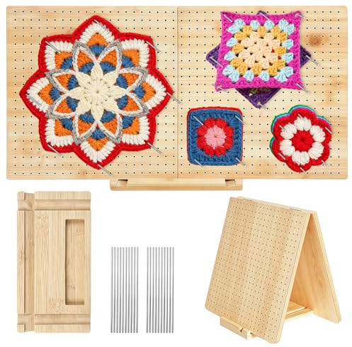 GAESHOW Tavola di Blocco per Uncinetto 57x29 cm, Blocco per Granny Square Pieghevole, con 20 Perni in Acciaio Inox e 1 Cavalletto, Tavoletta Blocking Board per Maglia Uncinetto, Regali Uncinettisti