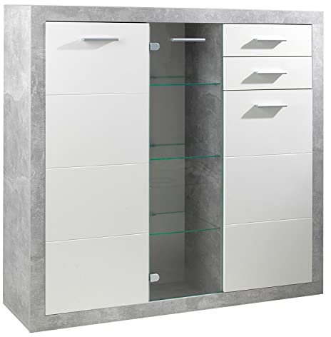 Sideboard Anrichte Mehrzweckschrank | Weiß Hochglanz | Betonoptik | Glastür | Schubladen