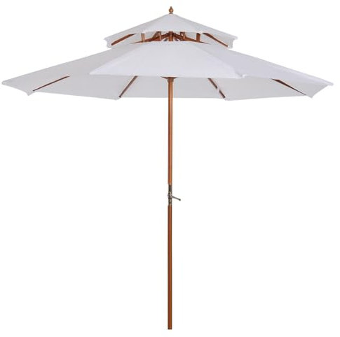 Outsunny Ombrellone Doppio 2.7x2.7 m con Meccanismo a Manovella, in Legno, Bambù e Poliestere, Bianco