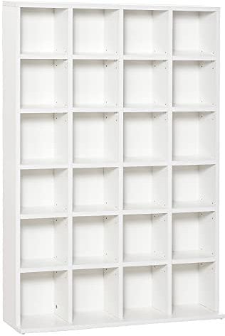 HOMCOM Mobile Porta CD con Ripiani Regolabili, Scaffale Porta 480CD/312DVD Salvaspazio in Legno, Mobile Libreria con 24 Scomparti, 89x20x130.5 cm, Bianco
