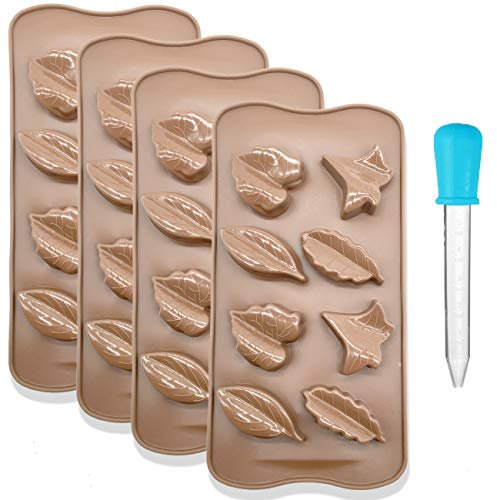 AYWFEY 4 Pack Leaves Shape Candy Molds with 1 Plastic Dropper, 8-Cavity Leaf Silicone Butter Mould for Making Soap Candle Chocolate Gummies Party Novelty Gift Ice Cube Trays Small Brownies