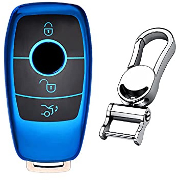 M.JVisun Soft TPU Case Cover Protector Car Remote Key Fob Case For Mercedes-Benz A, C, G, E, S Class Fob Remote Key - Glossy Blue - Metal Keychain