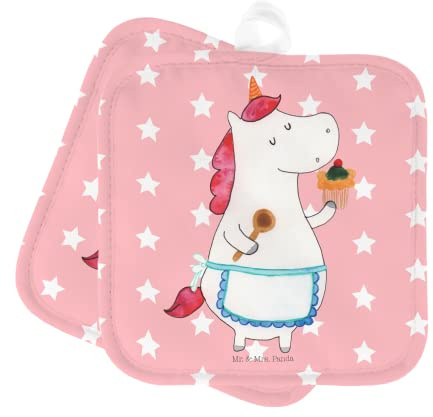 Mr. & Mrs. Panda 2er Set Topflappen Einhorn Küche - Geschenk, Motivation, backen, Topflappen mit Spruch, Topflappen Set, Schöne Topflappen,