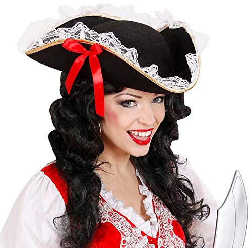 NET TOYS Eleganter Piraten-Hut für Damen - Schwarz - Entzückendes Frauen-Kostüm-Zubehör Dreispitz mit Spitze & Schleife - Perfekt geeignet für Piratenparty & Karneval
