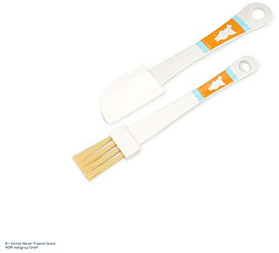 Dr. Oetker Teigschaber & Backpinsel Set DieMaus, Kleiner Teigspachtel aus Kunststoff, Schaber mit Griff, vielseitiger Kunststoffpinsel mit Maus-Motiv, hochwertiger Pinsel (Farbe: Weiß/Orange)