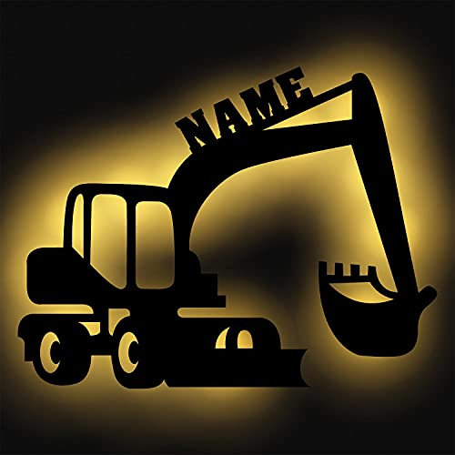Bagger Nachtlicht Schlummerlicht Geschenk Deko Holz led Wand-Lampe personalisiert mit Namen für Kinder zum Geburtstag I Batteriebetrieben