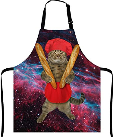 Wasach Lustige Katzenschürze, die beigefarbene Katzenbäckerin mit roter Kochmütze und Schürze hält zwei Laibe französisches Brot, verstellbare Latzschürze, Kochschürze für Männer und Frauen