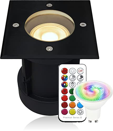 LEDFULL® LED RGB-W Farbwechsel Bodenstrahler Schwarz schwenkbar für Aussen mit GU10 230V dimmbar inkl. Fernbedienung/Eckiger Bodeneinbaustrahler befahrbar - IP67 Wasserdicht