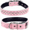 Haoyueer Hundehalsband mit Strasssteinen, verstellbar, glitzernde Kristallnieten, echtes Leder, Haustier-Hundehalsband für kleine und mittelgroße Hunde (L, Rosa)