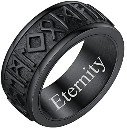 FindChic Spinner Ring Schwarz Herren Edelstahl Anxiety Ring Wikinger drehbarer Fidgetring mit Gravur für Vatertag Geburtstag Weihnachten, 60