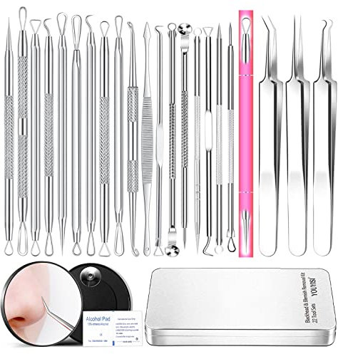 YOUYISI 22-teiliges Pickel Ausdrücken Werkzeug Mitesser Pinzette Pickel Set Pinzette für Mitesser Mitesserentferner Set Pimple Popper Kit Komedonenquetscher Profi Pickel-Ausdrück-Werkzeug!