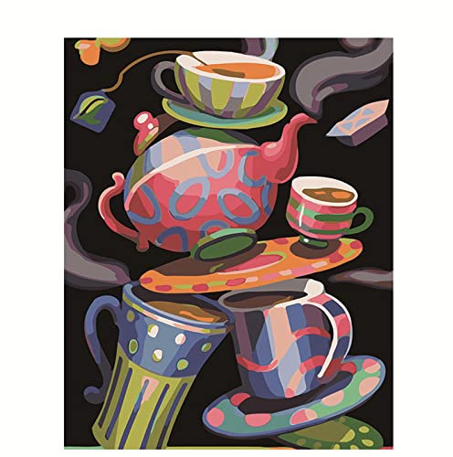 Paint by Numbers Color Tea Set,DIY Paint by Numbers Kits for Adults Kids,Canvas Oil Painting Paint by Numbers with Brushes and Acrylic Pigment Arts Craft for Home Wall Decoration 16x20in Framed