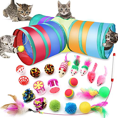 AoiSouk 21 PCs Cat Indoor Interactive Toys Kitten Toys Including Three-Hole Tunnel Teaser Wand Golf with Feather Balls and mice