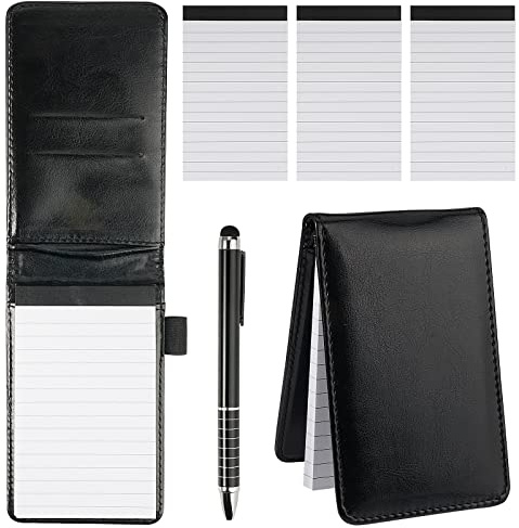 Rairsky Mini Notizbuch A7 PU Schwarz mit Kugelschreiber und 3 Ersatzblöcke | für To-do-Listen und Aktivitäten im Freien Notizen