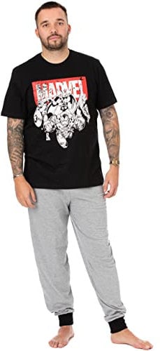 Marvel Superhero Mens Pyjamas | Adults Black Distressed Loungewear Pants and T-Shirt PJ Set | Iron Man Thor Spider-Man Captain America | Long Leg Pajama Bottoms Merchandise Gift for Him