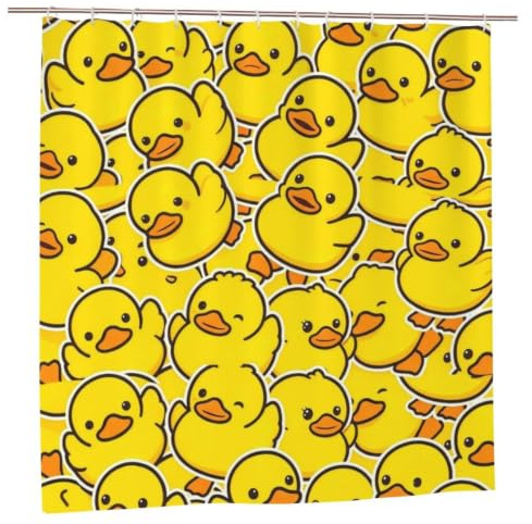 Fiokroo Duschvorhang mit niedlichem Gummi-Enten, 182,9 x 182,9 cm, wasserdichtes Polyestergewebe, gelbe Cartoon-Enten, Badvorhang mit 12 Haken, Duschvorhang-Sets für Zuhause, Badezimmer, Dekor