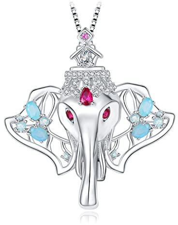 JewelryPalace Glückselefant Rundschliff Erstellt Rot Rubin Blau Spinel Cluster Ketten Anhänger 45CM, Brosche Stein Schmuck Set, Halskette Damen Silber 925 Collier Damen,Schmuck Mädchen Geschenk Frauen