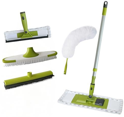 HOME MAX 5 in 1 Home Cleaning Kit with Extension Pole Replacement Heads to Keep All Surface of Homes Tidy | Includes Soft Rubber Broom Indoor, Window Cleaner, Duster, Flat Mop and Brush