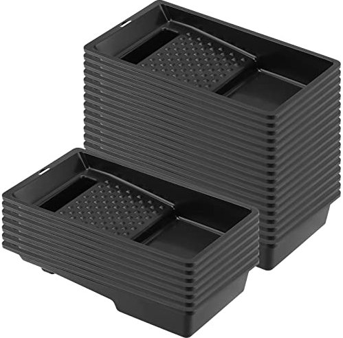 KEILEOHO 24 PCS Black Plastic Paint Tray Liners, Small Paint Tray for 4 Inch Rollers, Disposable, Stackable, Deep Ribbed Textured Well