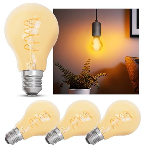 linovum 4 Stück Edison LED Filament Glühlampe E27 dimmbar warmweiß 1700K, A60 Vintage Retro Leuchtmittel 3,8W Amber Optik